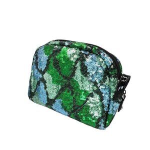 New Stephanie Johnson Makeup Cosmetic Bag Blue Green Sequin Zip Medium Size